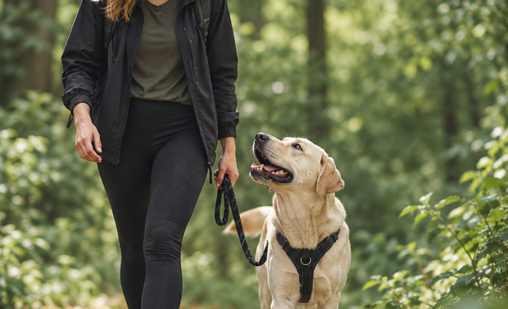 Passeggiata con un labrador nel bosco – immagine illustrativa generata