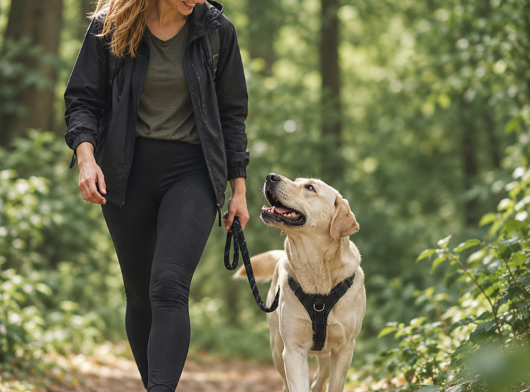 Passeggiata con un labrador nel bosco – immagine illustrativa generata