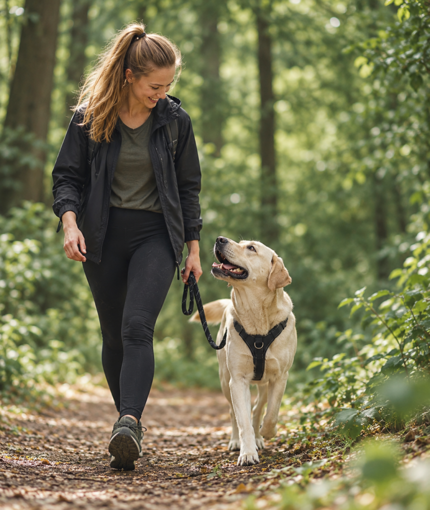 Passeggiata con un labrador nel bosco – immagine illustrativa generata