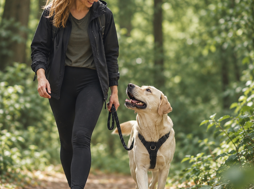 Passeggiata con un labrador nel bosco – immagine illustrativa generata