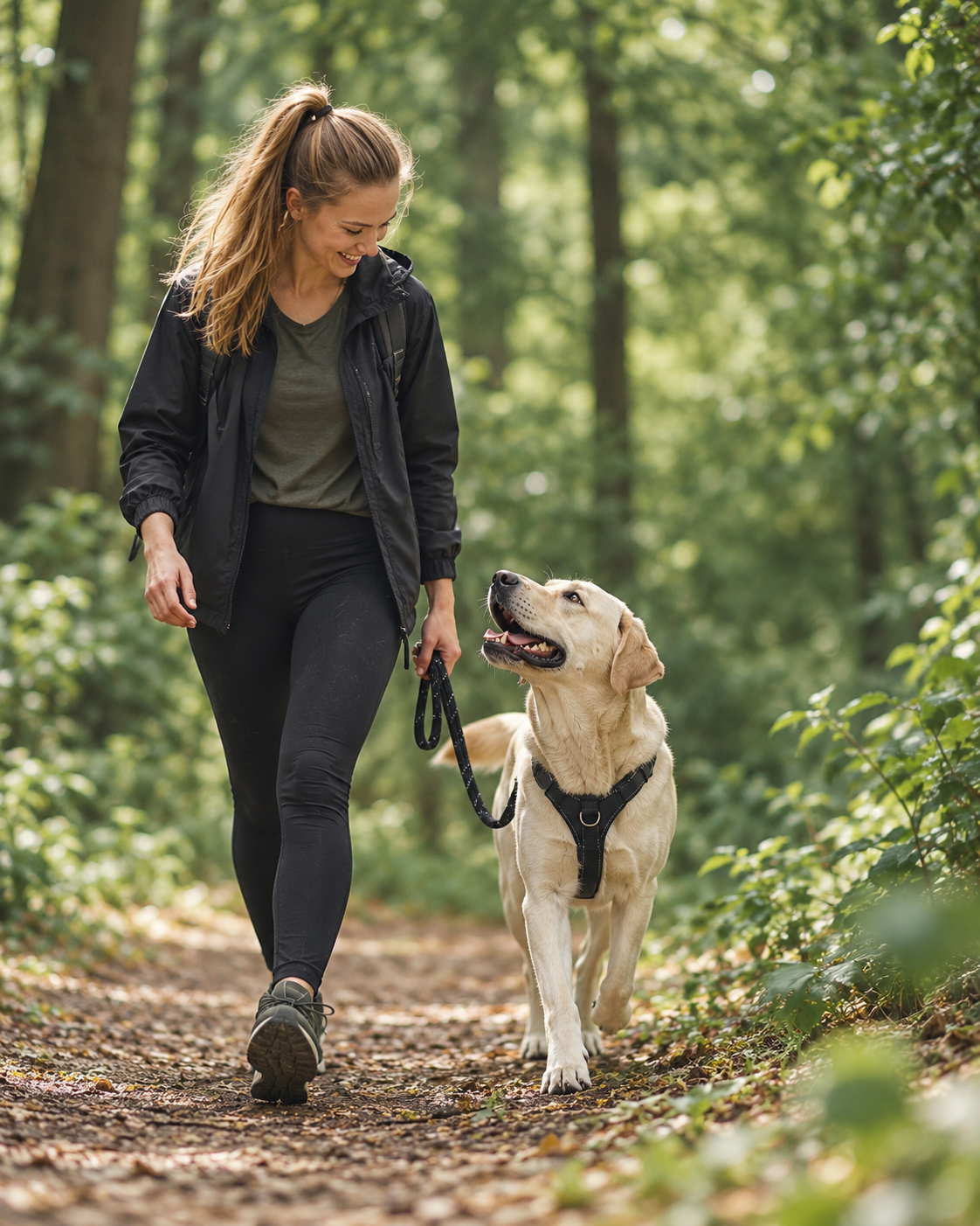 Passeggiata con un labrador nel bosco – immagine illustrativa generata